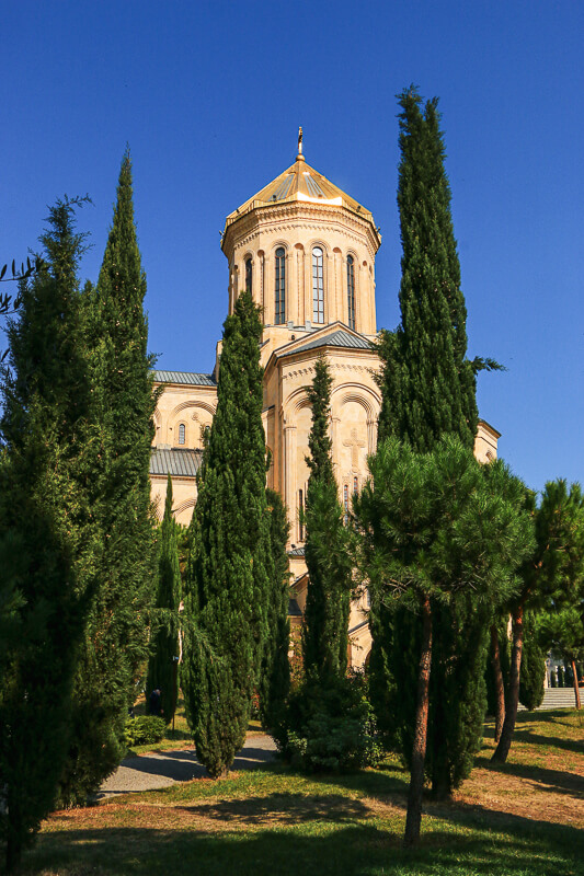 Cathédrale de la trinité de Tbilissi et pins
